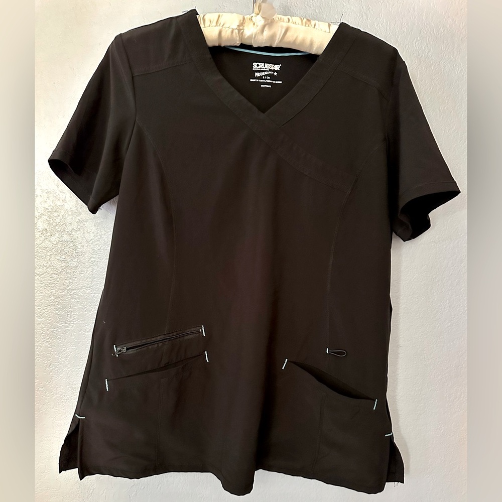 Scrubstar V Neck Short Sleeve Scrub Top Size Small 3 Pockets Black Teal Size S